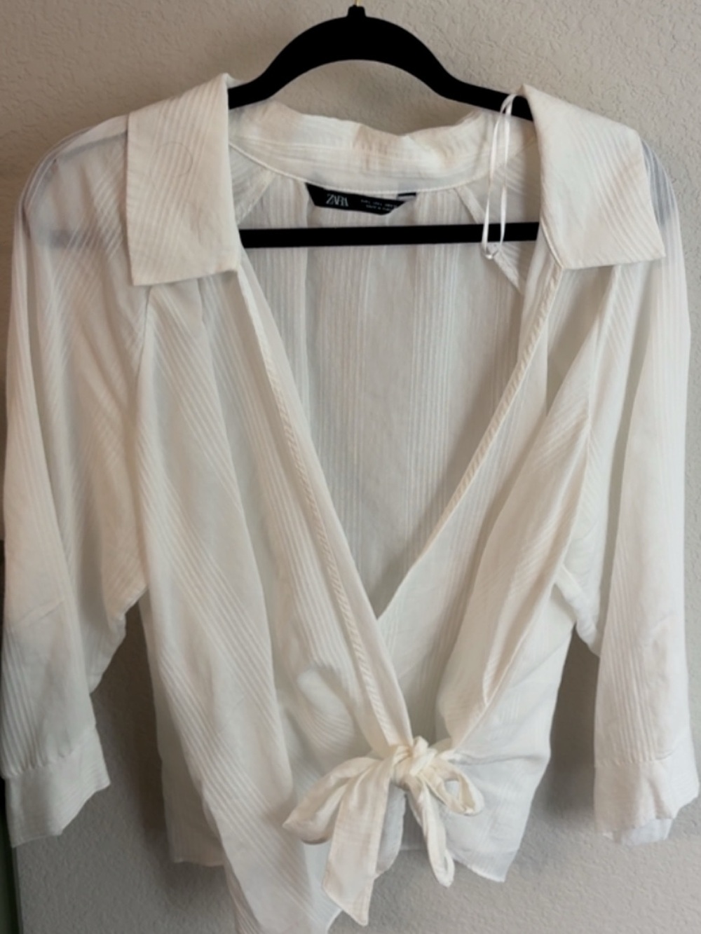 Zara White Tie-Front Sheer Blouse